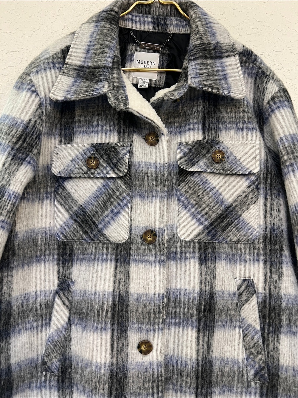 Modern Supply by Sanctuary Blue Gray Plaid Faux Wool Shacket XL - Picture 3 of 9